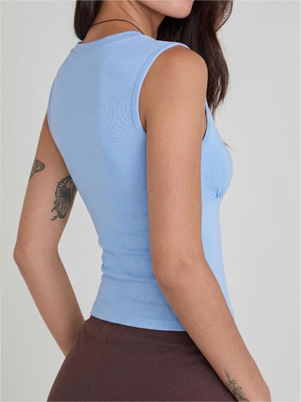 Women Blue Polyester Deep V Neck Stretchy Trendy Going Out Sleeveless Crop Top - Picture 4 of 6